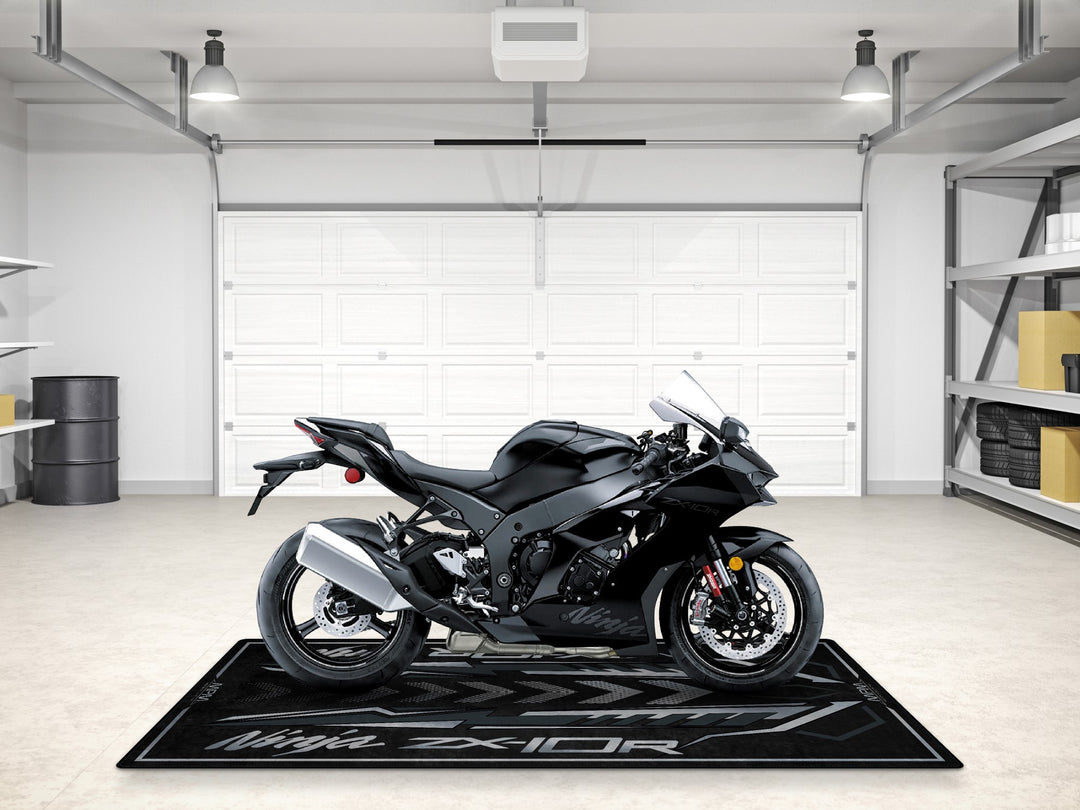 High-grip pit mat in ebony for Ninja ZX-10R—rug for parts, gift ideas, or garage floor cover upgrade.
