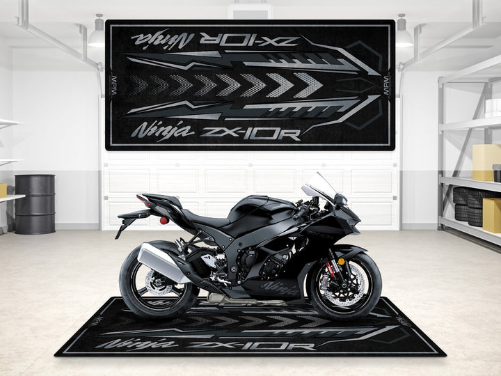 ZX-10R metallic black garage mat with aggressive pit mat style for racetrack prep and bike zone flair.