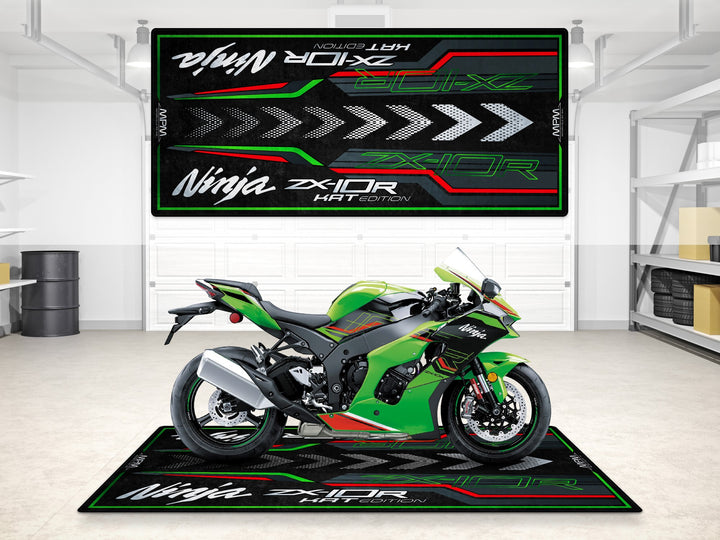 Lime green ZX-10R garage mat with pit-ready chevron design, ideal for showroom or track prep zones.