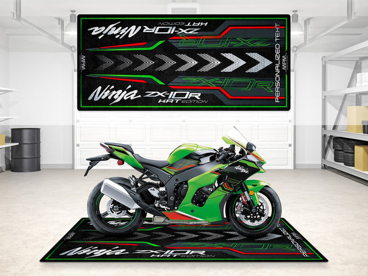 Custom Ninja ZX-10R parking mat with red-green accents, the ultimate rider accessory for any bike zone.