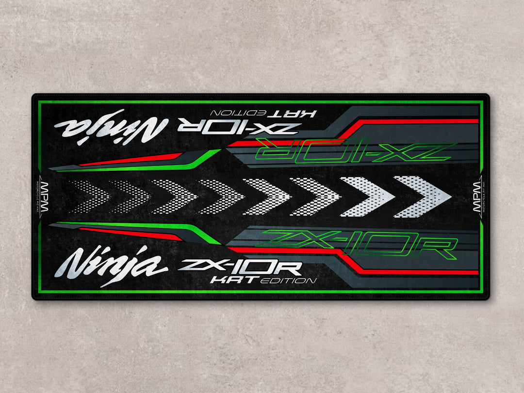 Ebony ZX-10R superbike garage floor cover with Thermoplastic Rubber base, perfect for motorcycle display.