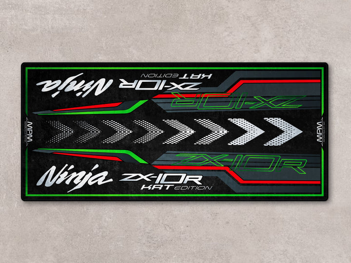 Ebony ZX-10R superbike garage floor cover with Thermoplastic Rubber base, perfect for motorcycle display.