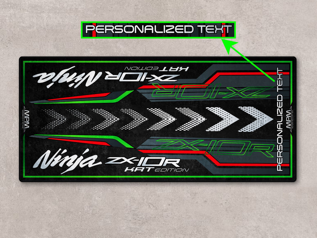 Personalized pit mat for ZX-10R KRT Edition, a gift-worthy carpet for garage floor protection and racetrack use.