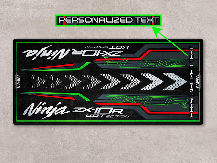 Personalized pit mat for ZX-10R KRT Edition, a gift-worthy carpet for garage floor protection and racetrack use.
