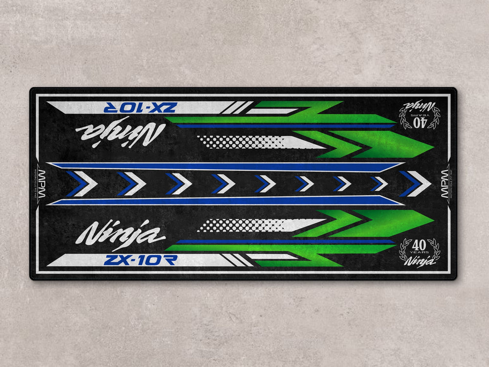 Motorcycle display rug for Ninja ZX-10R 40th. Perfect showroom accessory and durable pit mat for bike zone and riders.