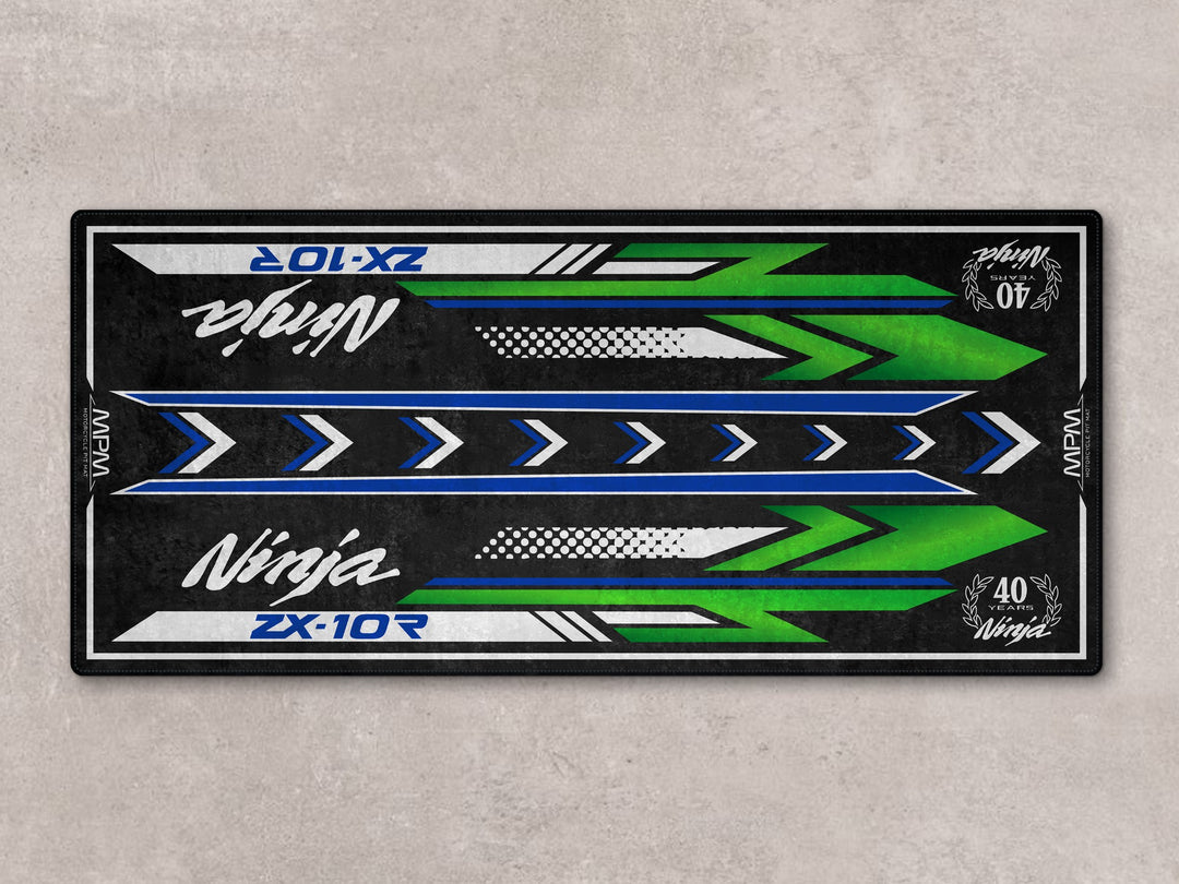 Motorcycle display rug for Ninja ZX-10R 40th. Perfect showroom accessory and durable pit mat for bike zone and riders.
