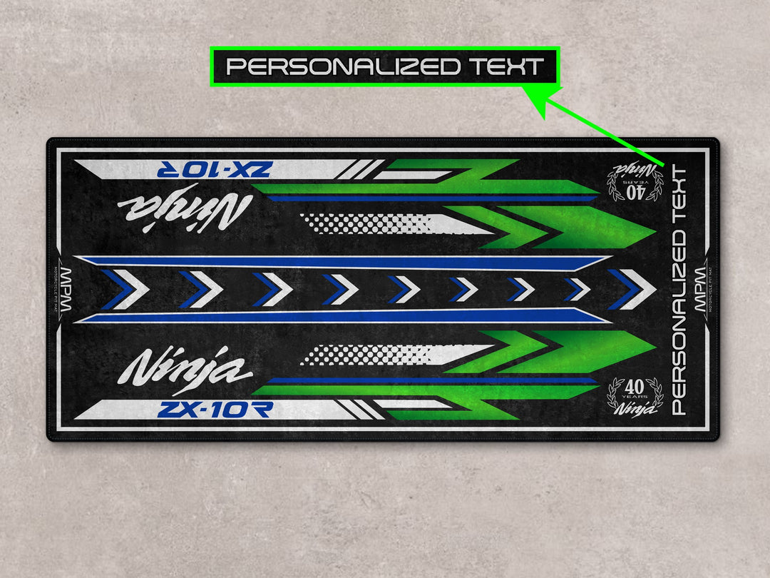Personalized parking mat and rug for ZX-10R 40th riders. Motorcycle gear accessory for gift or showroom display setup.