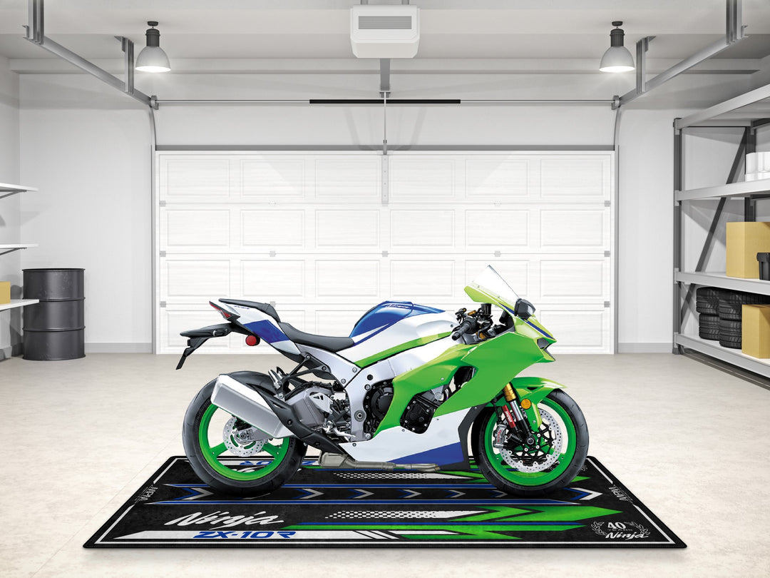 Motorcycle carpet for Ninja ZX-10R 40th Edition. A garage mat and parts zone rug designed for track prep and style.