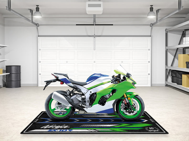 Motorcycle carpet for Ninja ZX-10R 40th Edition. A garage mat and parts zone rug designed for track prep and style.