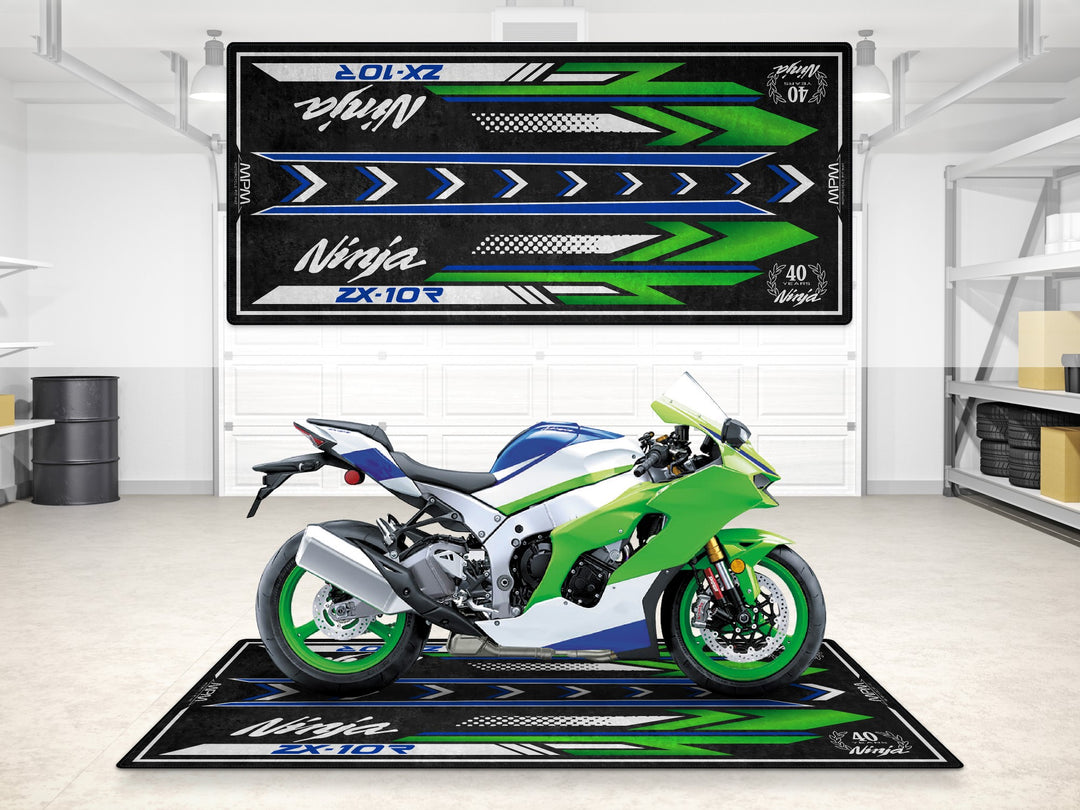 Garage mat for ZX-10R 40th Anniversary. Floor cover and parking mat for racetrack prep or superbike garage protection.
