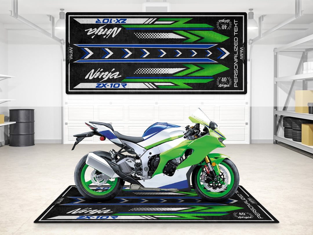 Custom pit rug for Kawasaki ZX-10R 40th. Thermoplastic Rubber surface for garage floor protection and rider essentials.