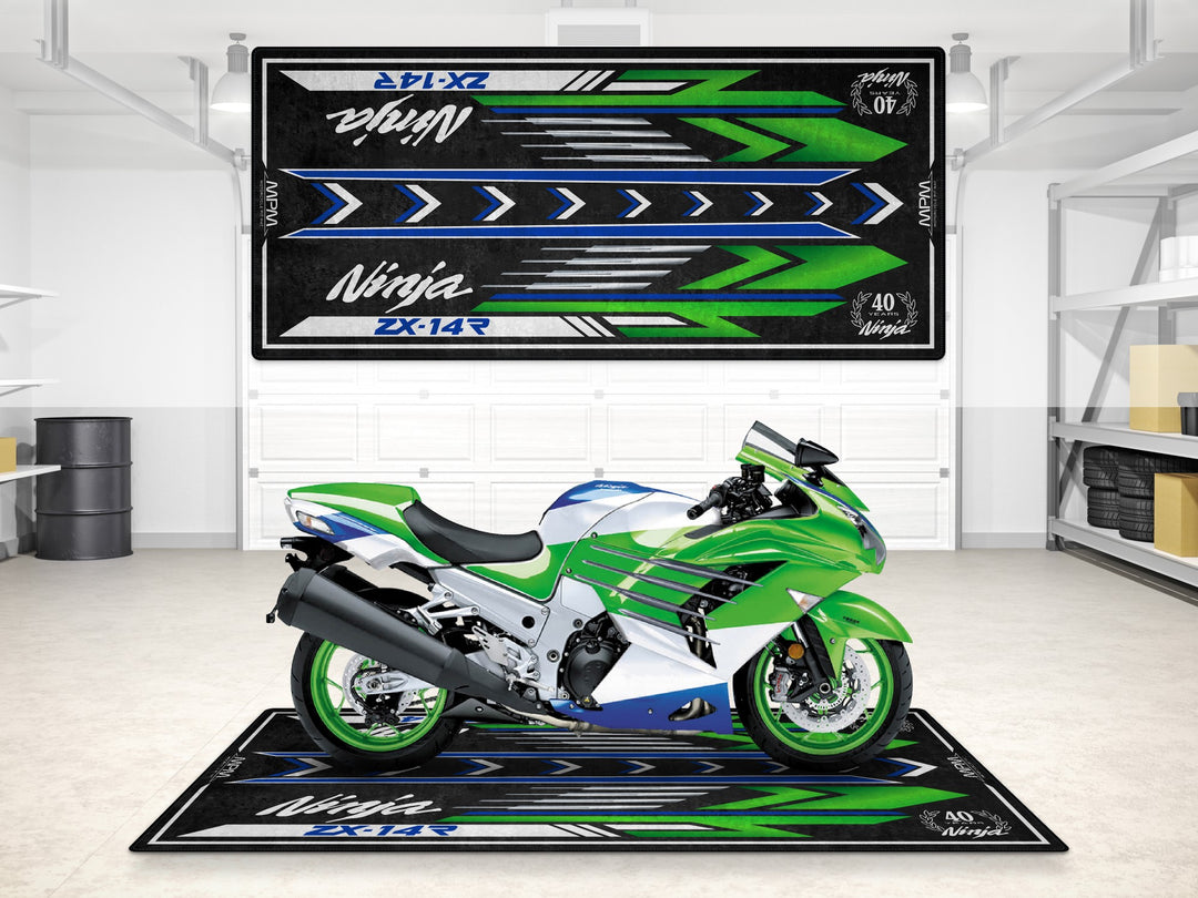 Garage mat for Ninja ZX-14R 40th Anniversary. Premium pit mat and floor cover for motorcycle display or racetrack setups.