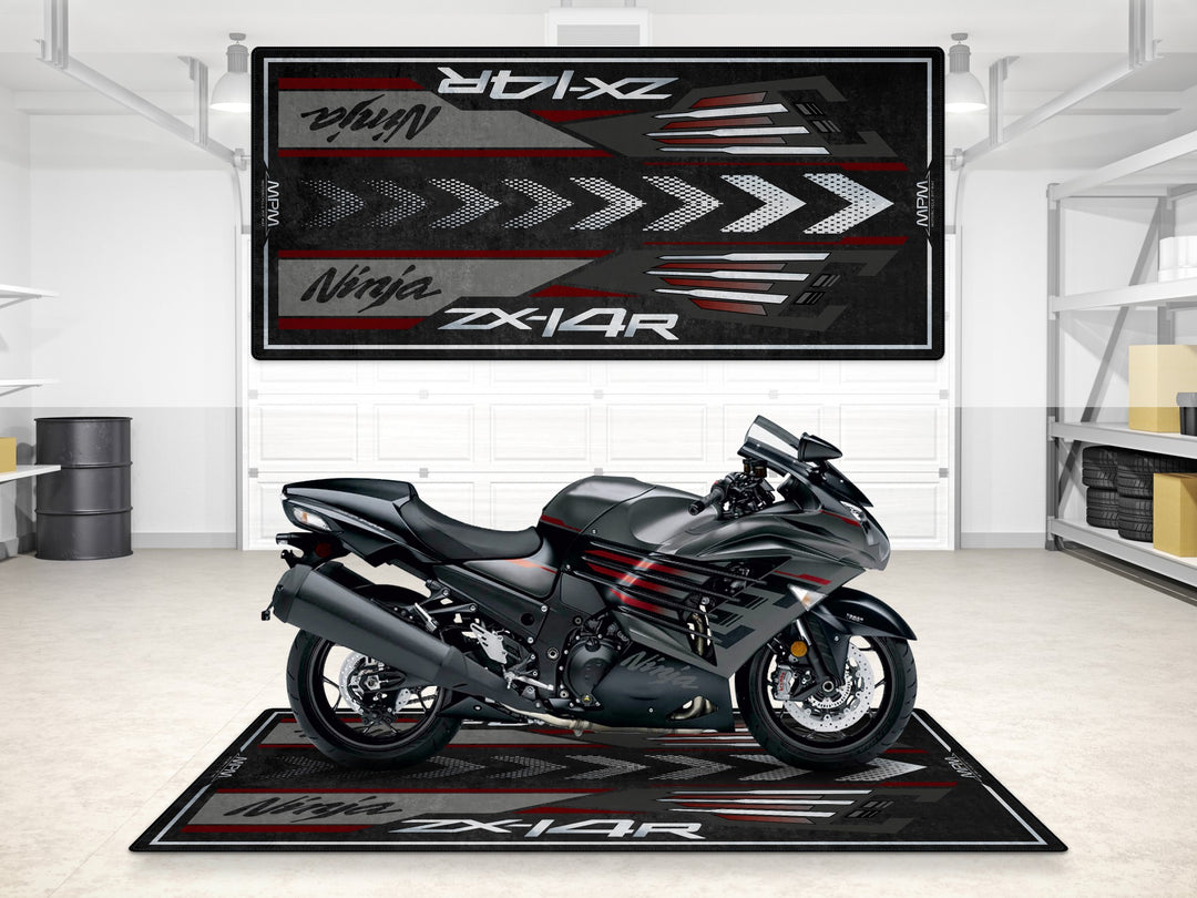 Garage mat for ZX-14R in matte gray. Premium motorcycle display rug for showroom, racetrack, or garage floor cover.