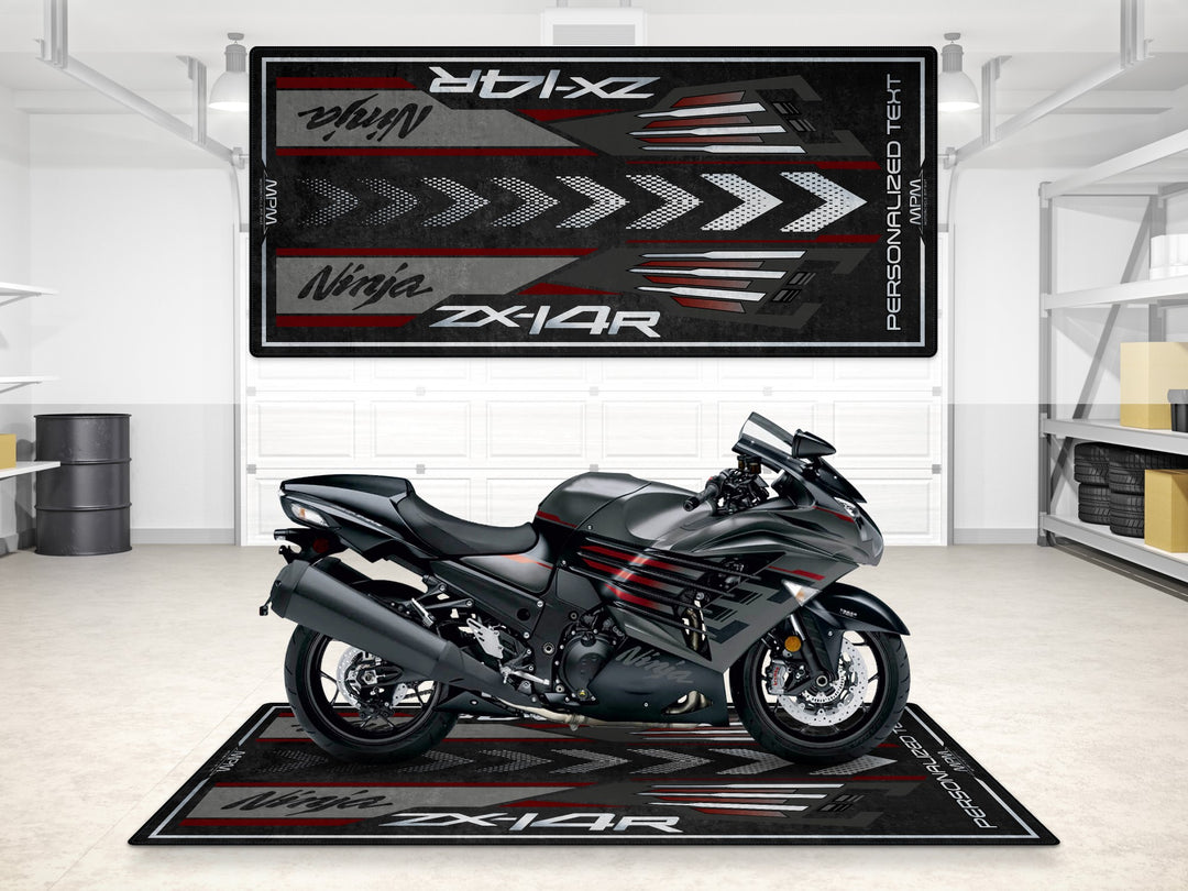 Custom pit rug for ZX-14R riders. Stylish carpet and rug for motorcycle gear, parts, and showroom-quality bike zone display.