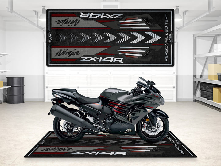 Custom pit rug for ZX-14R riders. Stylish carpet and rug for motorcycle gear, parts, and showroom-quality bike zone display.