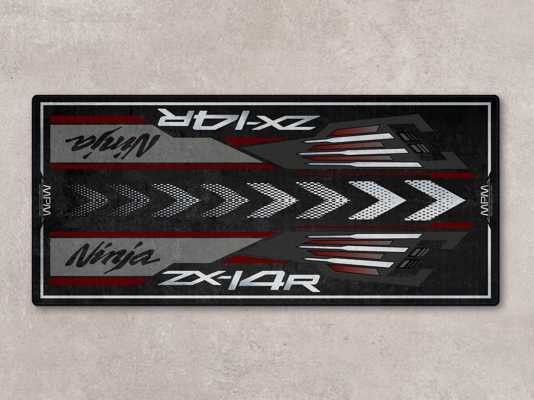 Durable pit mat and parking mat for Ninja ZX-14R. Floor cover made from Thermoplastic Rubber for superbike garage setups.