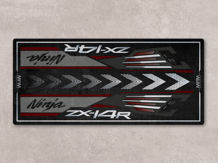 Durable pit mat and parking mat for Ninja ZX-14R. Floor cover made from Thermoplastic Rubber for superbike garage setups.