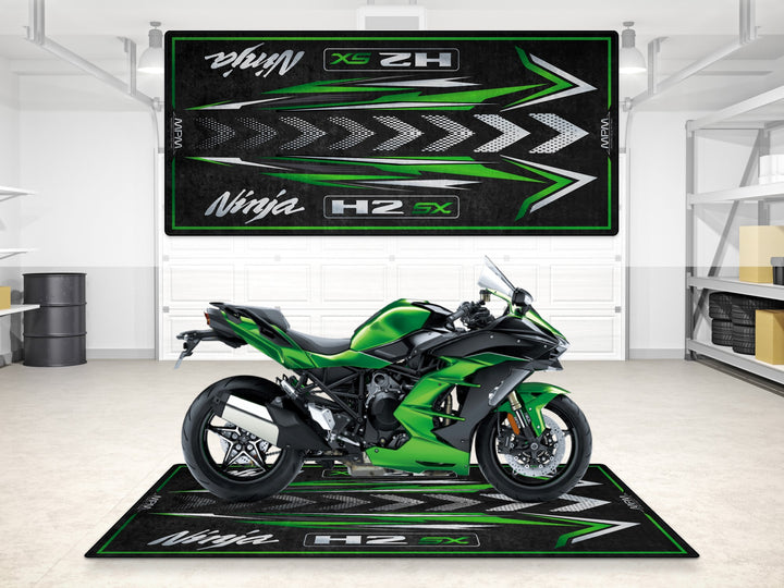 Garage mat for H2 SX in emerald green. Premium motorcycle display carpet with Thermoplastic Rubber base for garage floor cover.