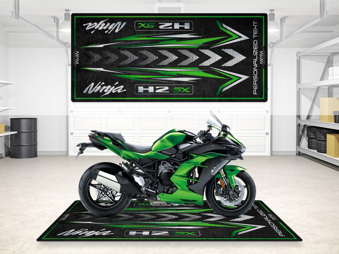 Custom pit rug for Kawasaki H2 SX. Protect your garage floor in style with this rider essential accessory and motorcycle gear holder.
