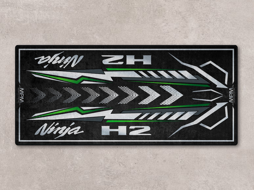 Kawasaki H2 parking mat with green accents. Durable Thermoplastic Rubber rug for showroom or racetrack floor cover.