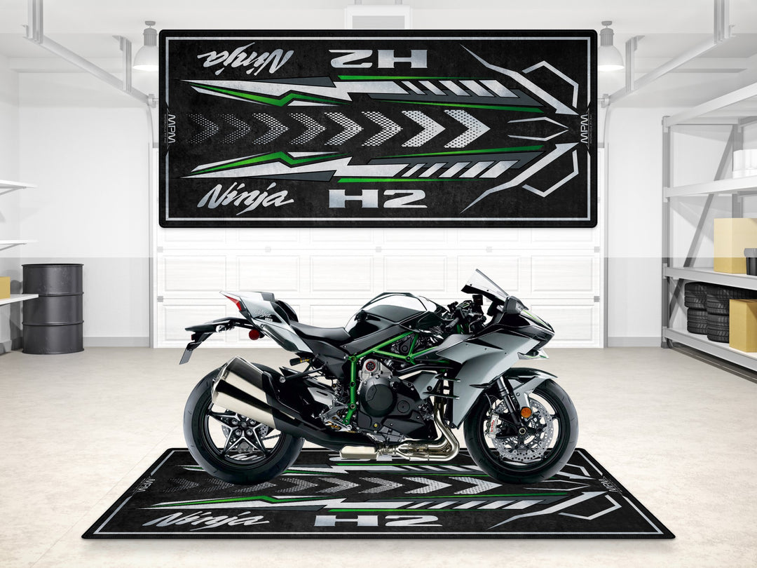 Mirror-coated garage mat for H2. Perfect motorcycle display rug and pit mat for garage floor protection and rider essentials.