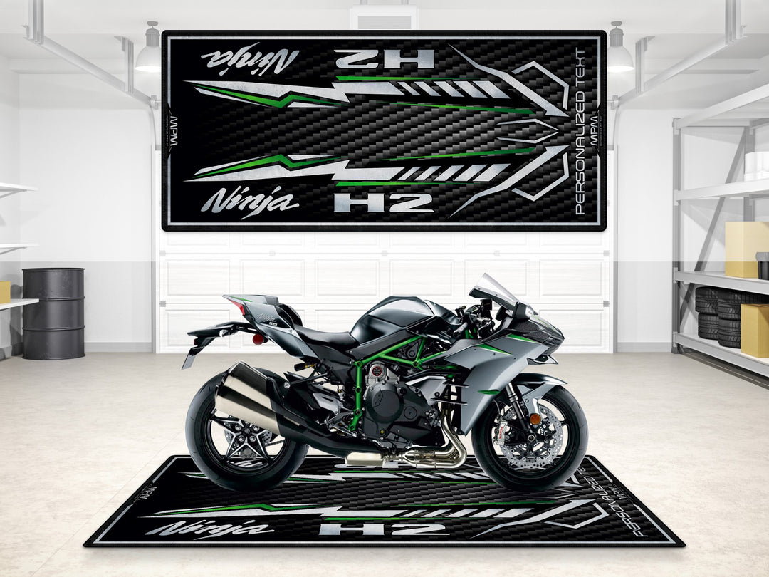 Custom pit rug for Ninja H2. Perfect bike zone carpet and gift for riders who want a unique motorcycle garage accessory.