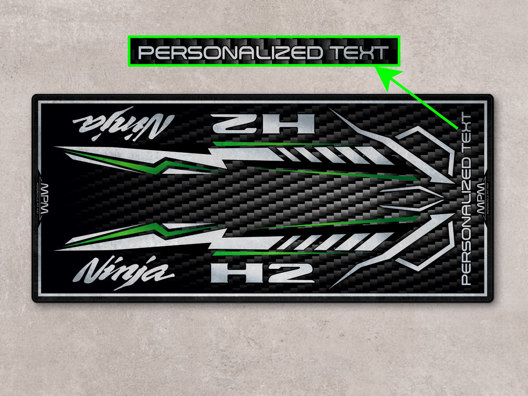 Motorcycle display mat for H2. Rugged garage floor cover fits rider essentials, parts, and gear in a superbike garage setup.