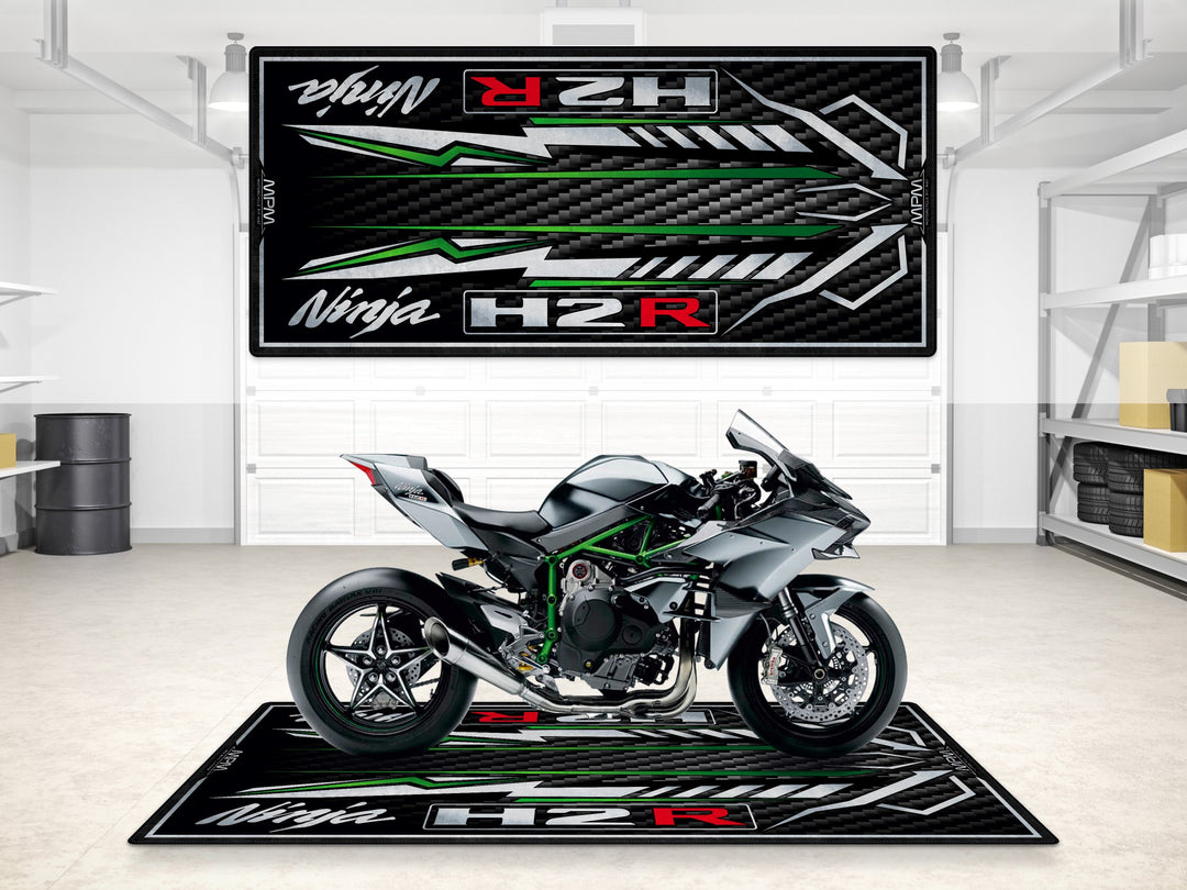 Garage mat for Ninja H2R. Thermoplastic Rubber base protects garage floor with pit mat performance and racer style.