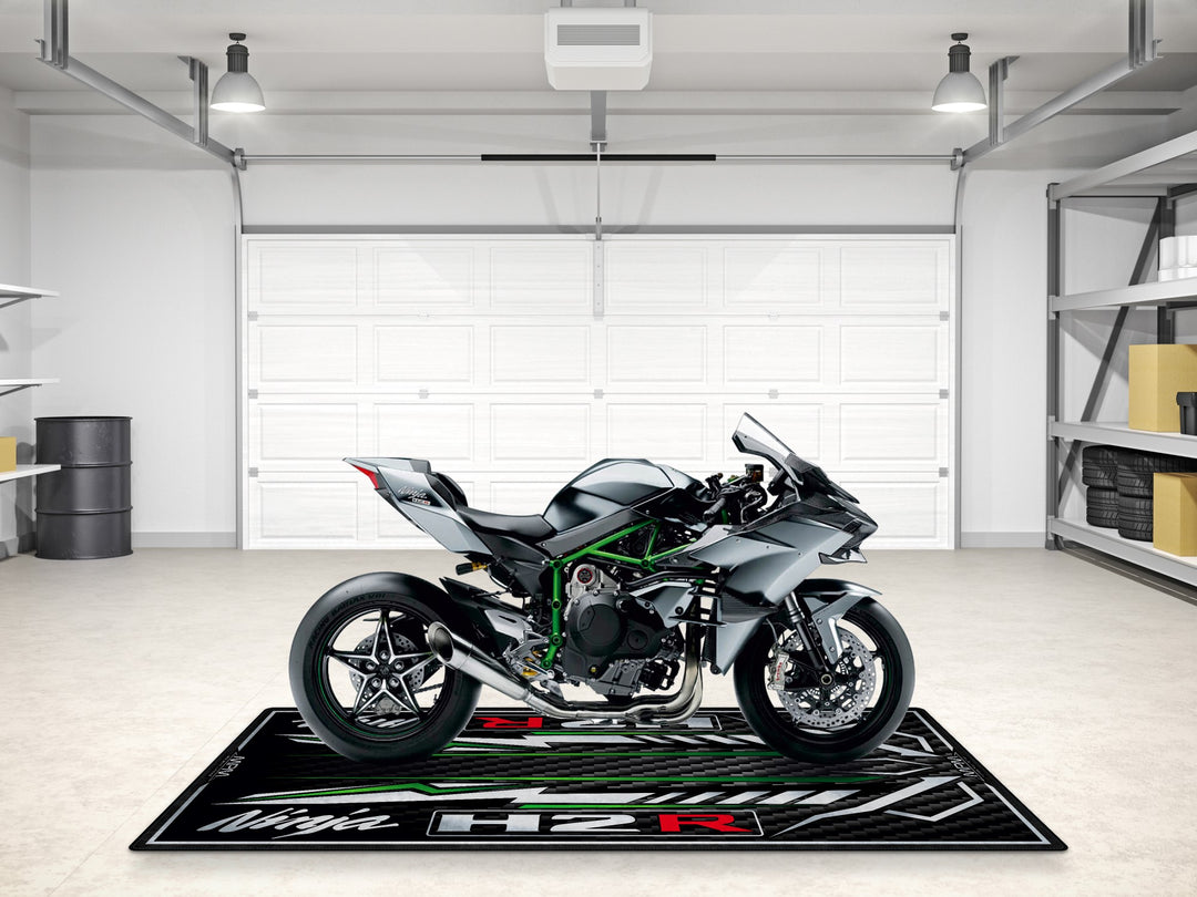 Custom motorcycle rug for Ninja H2R. Floor cover perfect for parts, gear, and garage mat setups with showroom appeal.