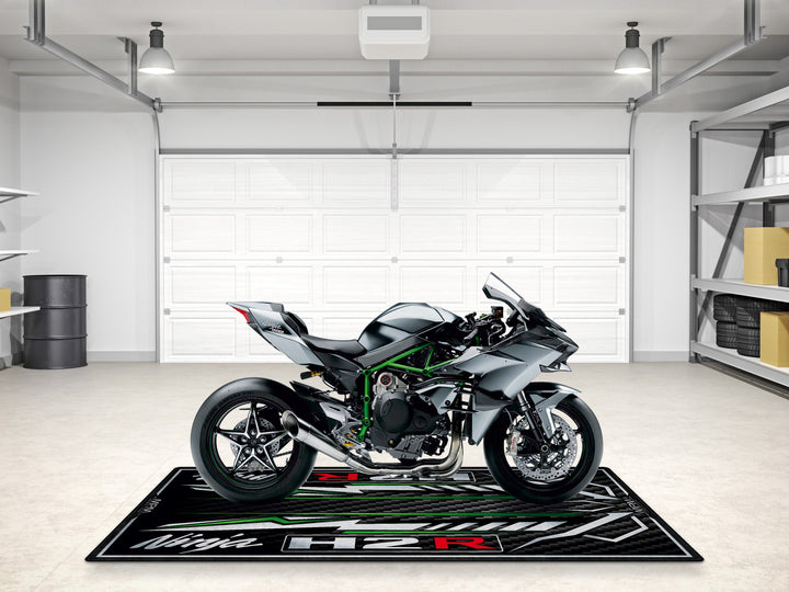Custom motorcycle rug for Ninja H2R. Floor cover perfect for parts, gear, and garage mat setups with showroom appeal.