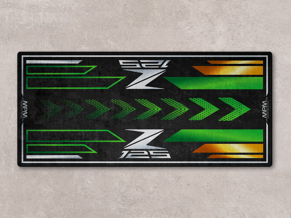 Kawasaki Z125 parking mat in candy lime green. Stylish rug for garage floor or motorcycle display.