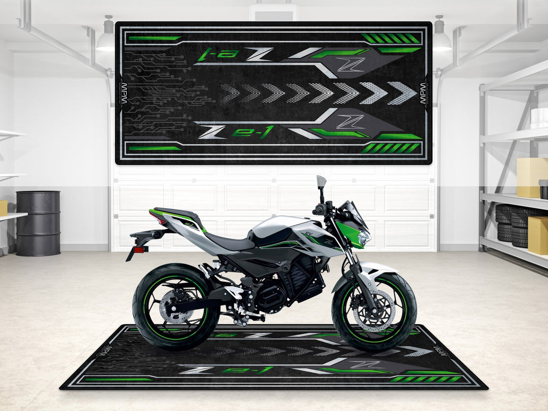 Ze-1 motorcycle floor cover in lime green and silver. Ideal garage mat for showroom or parking use.
