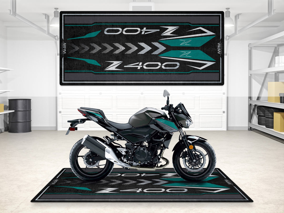 Z400 garage mat in teal and gray. Durable motorcycle floor cover for parking mat or showroom display.