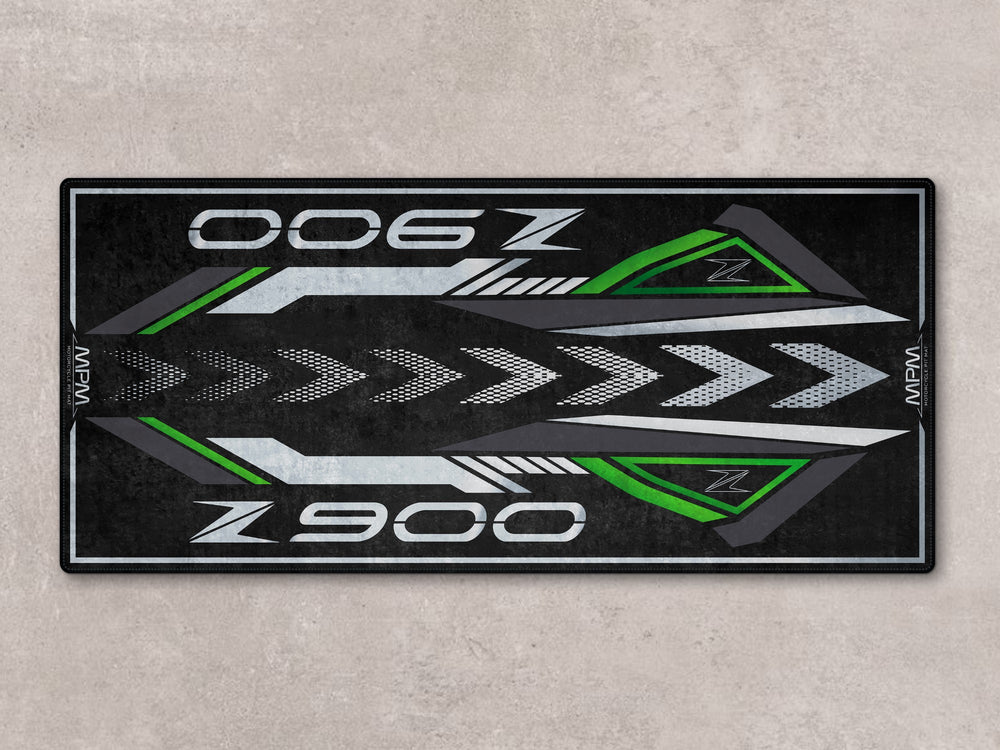 Z900 floor cover rug with green accents. Ideal carpet for track prep, garage display, and rider essentials.