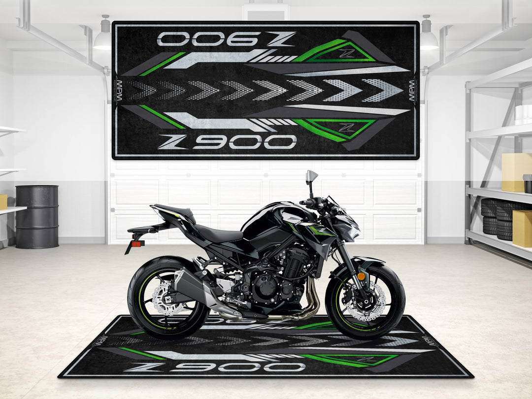 Z900 motorcycle pit mat with sharp lines. Perfect garage mat and parking mat for showroom or racetrack setup.