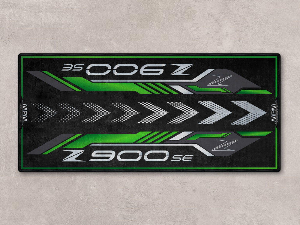 Kawasaki Z900SE garage mat for showroom and track prep. Durable rug with Thermoplastic Rubber backing.
