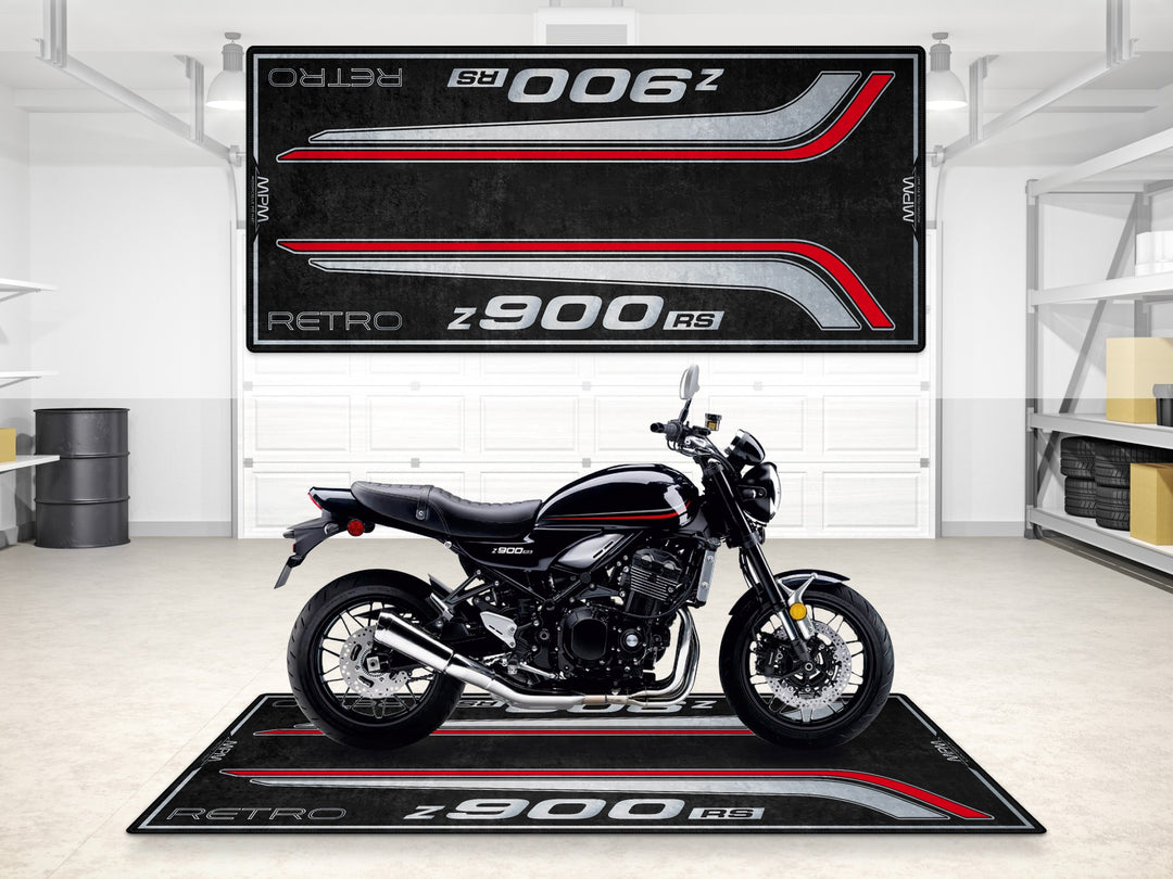 Garage mat for Z900RS. Classic motorcycle parking mat and rug for retro showroom or pit mat display.