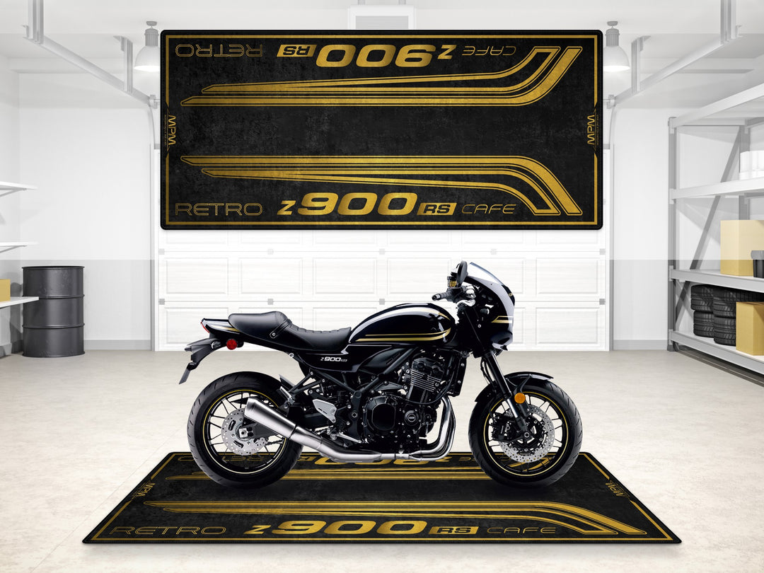 Garage mat for Z900RS CAFE. Motorcycle parking mat and floor cover ideal for retro superbike garage setups.
