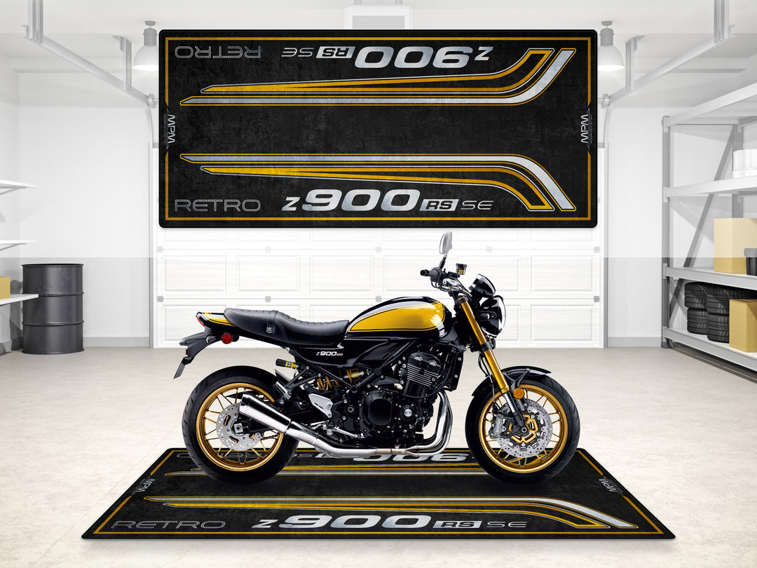 Garage mat for Z900RS SE Retro. Retro-style motorcycle display rug and showroom pit mat for classic bike lovers.
