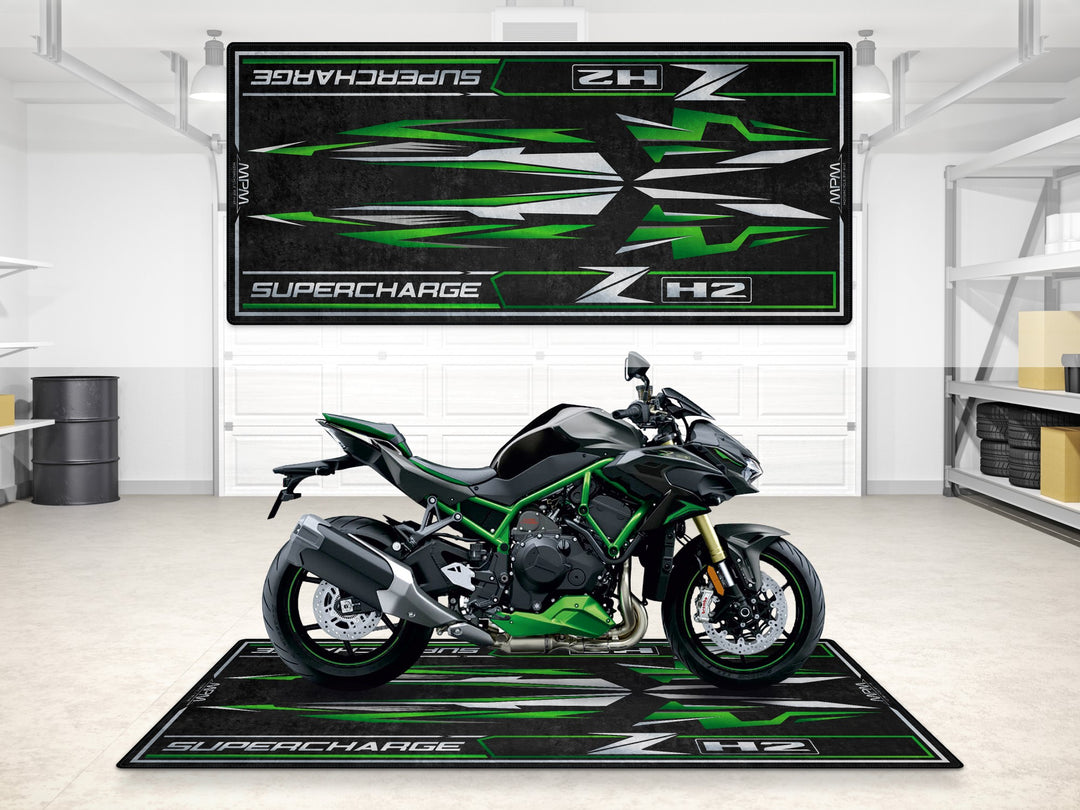 ZH2 garage mat in matte graphenesteel gray with green supercharge graphics, perfect for track prep and display use.