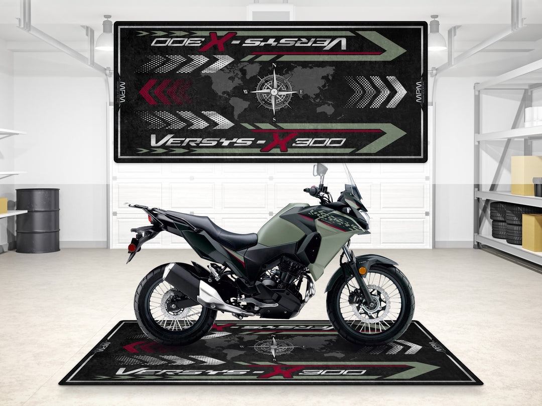 Versys-X 300 garage mat with compass artwork. Floor cover designed for motorcycle display, showroom setups, and garage floor protection.