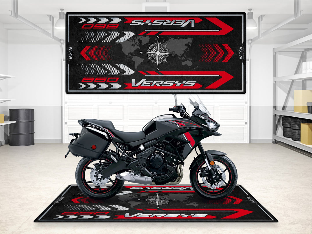 Versys 650 garage mat with compass design. Durable parking mat and floor cover for your motorcycle showroom or superbike garage.
