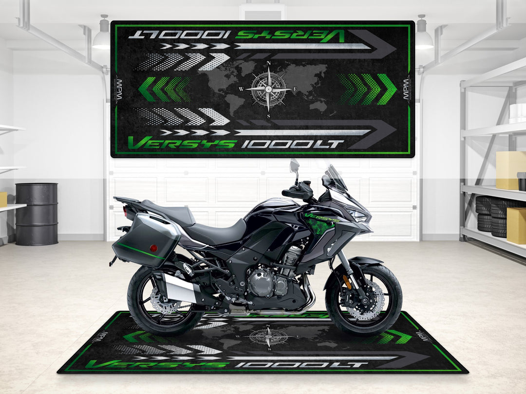 Versys 1000LT garage mat with compass design. Premium parking mat and floor cover for adventure riders.