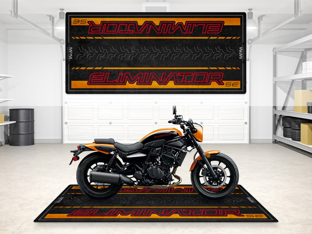 Eliminator SE garage mat for motorcycle display. Thermoplastic Rubber floor cover ideal for garage floor protection and parking zones.