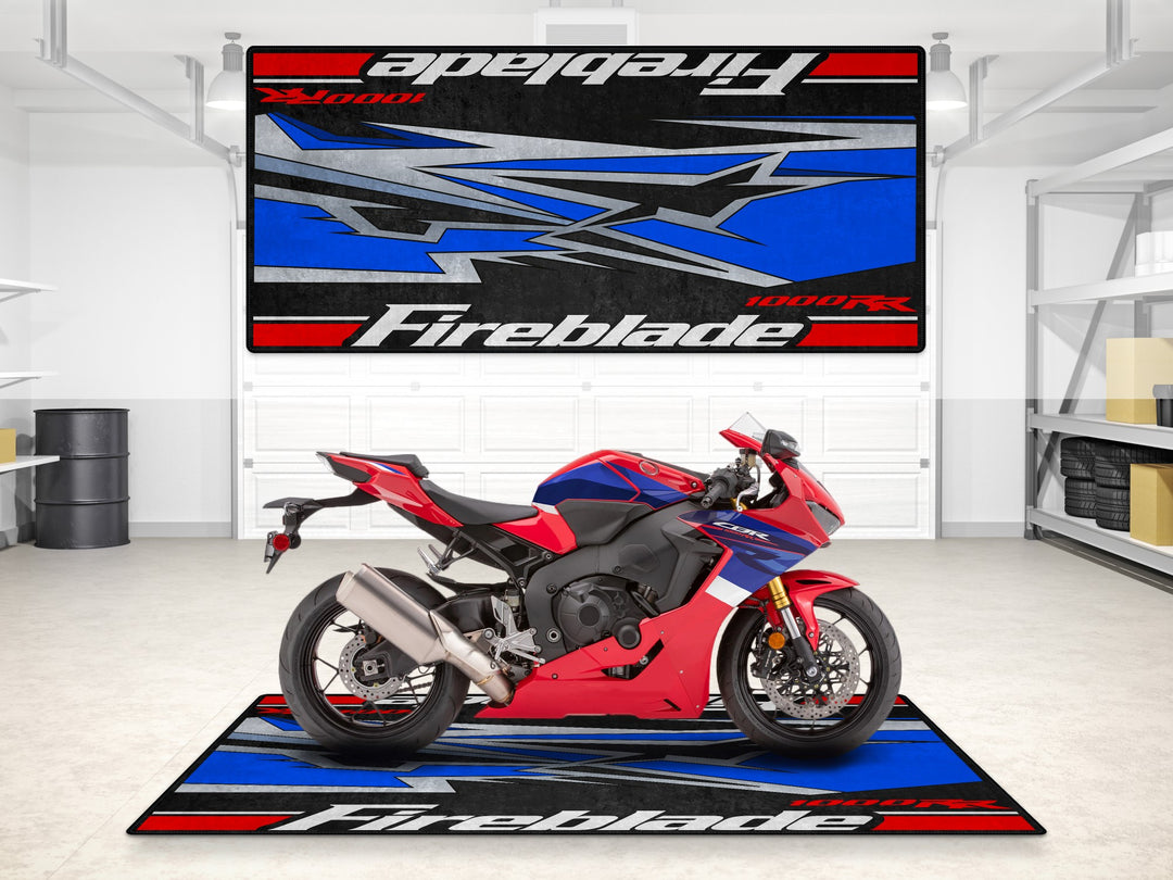 Garage mat for Honda CBR1000RR Fireblade. Blue-gray Thermoplastic Rubber rug designed for parking mat and garage floor protection.