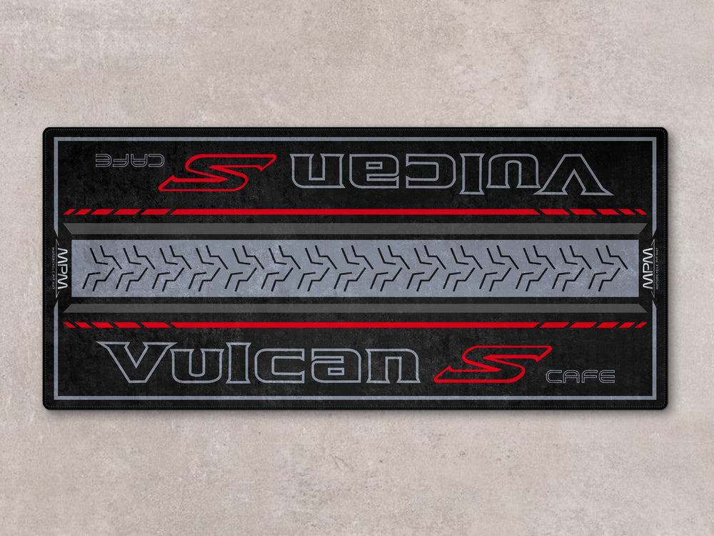 Motorcycle rug for Vulcan S Cafe riders. Durable parking mat and showroom accessory with Thermoplastic Rubber base.
