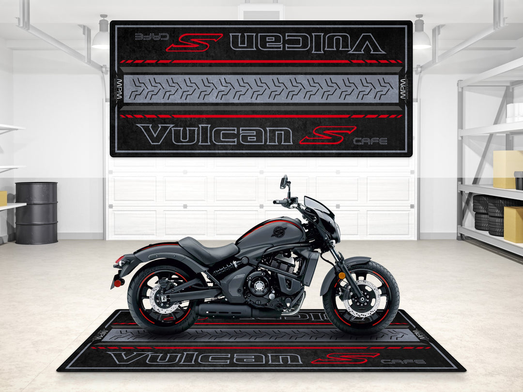 Vulcan S Cafe garage mat in matte dark gray. Ideal motorcycle display carpet for pit mat setups and garage floor protection.