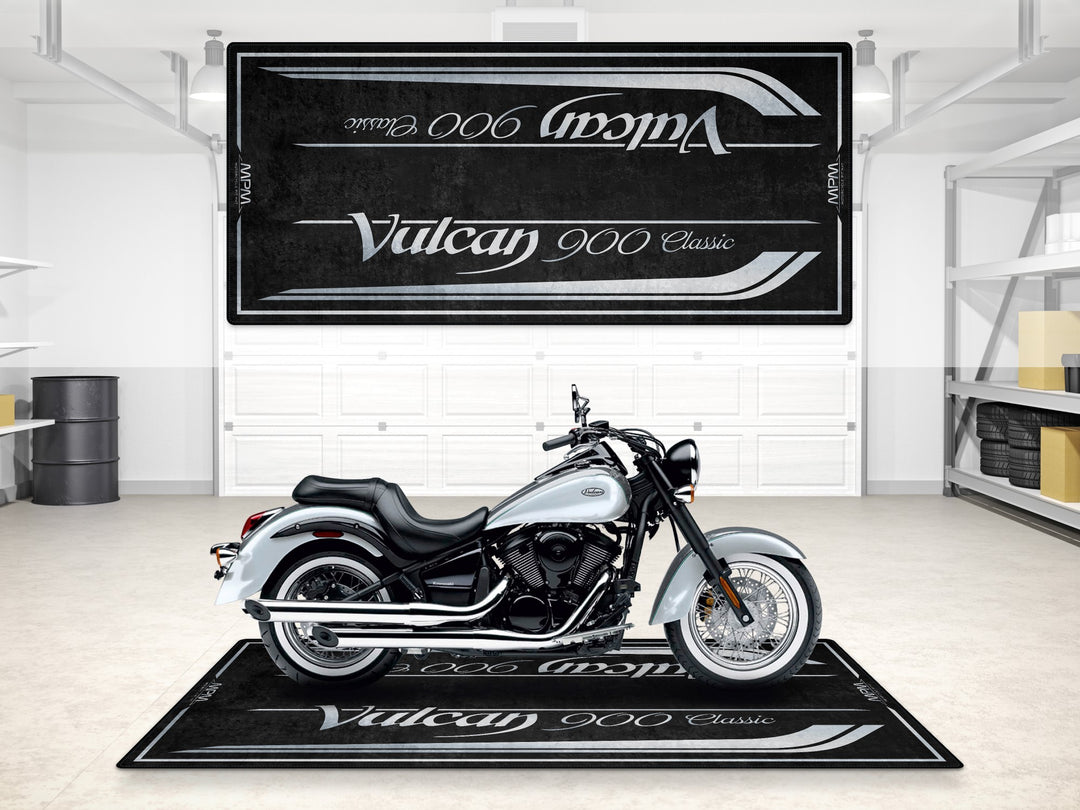 Garage mat for Vulcan 900 Classic in storm gray. Durable parking mat for motorcycle floor protection.