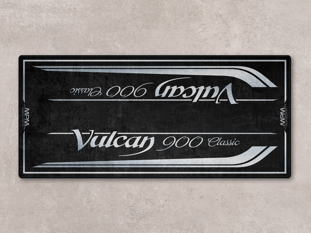 Motorcycle pit mat with robotic white and pearl finish. Rug for garage, racetrack or showroom display.