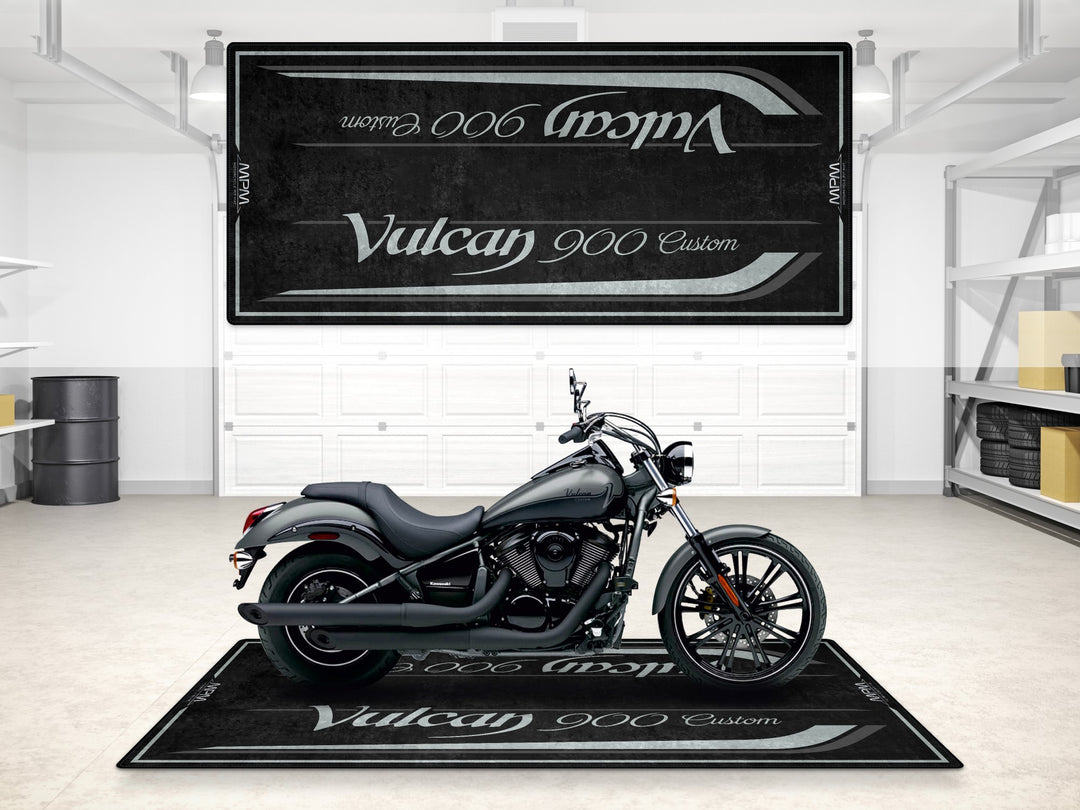 Garage mat for Vulcan 900 Custom in matte dark gray. Motorcycle rug ideal for garage floor protection.